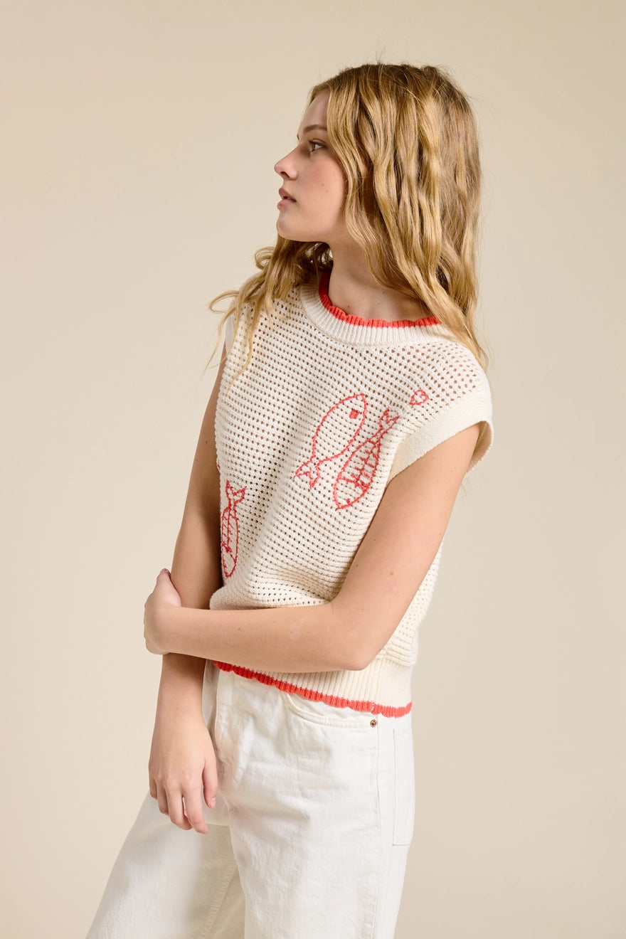 Cream Red Fish Top