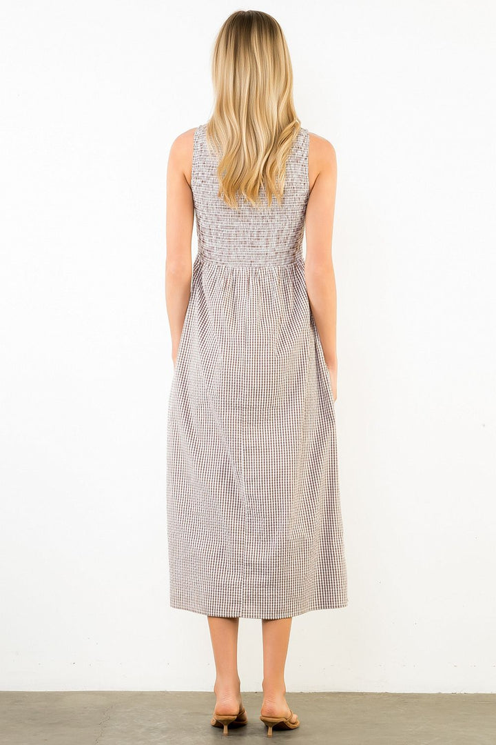 Sleeveless Smocked Gingham Print Dress
