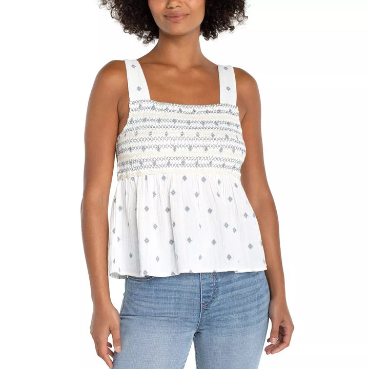 Sleeveless Smocked Woven Top w/ Embroidery