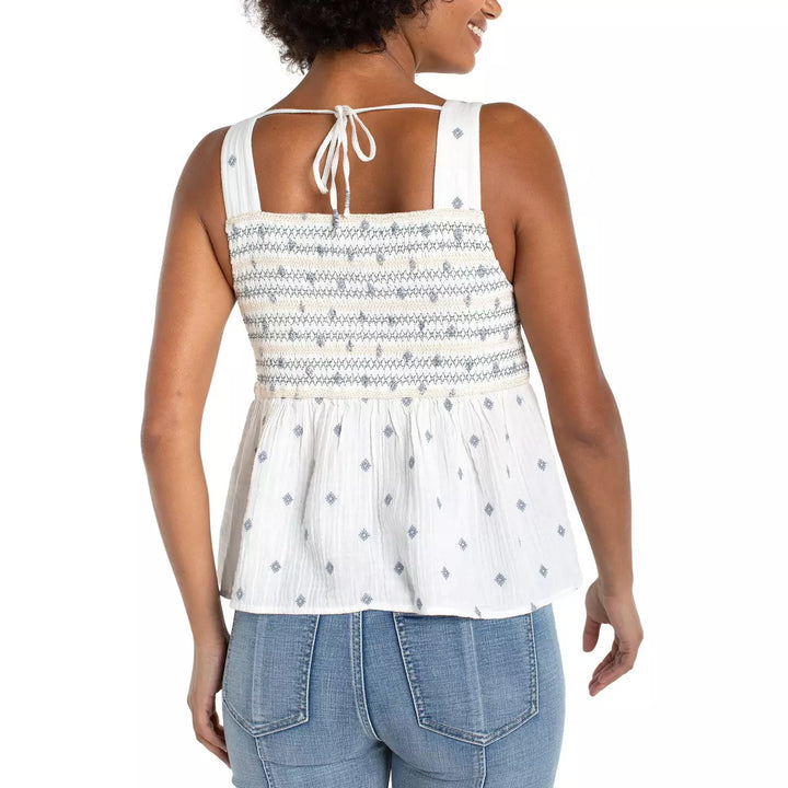 Sleeveless Smocked Woven Top w/ Embroidery