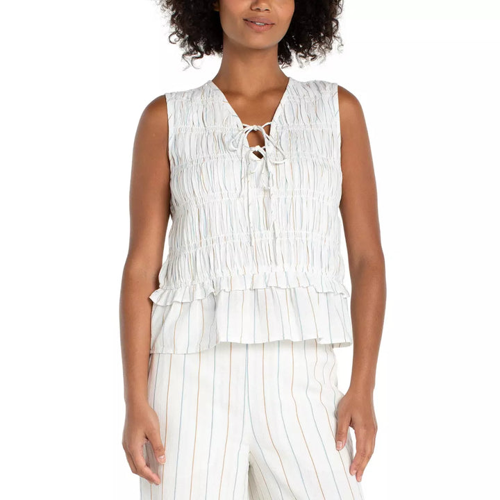Sleeveless Tie Front Woven Top w/ Smocking
