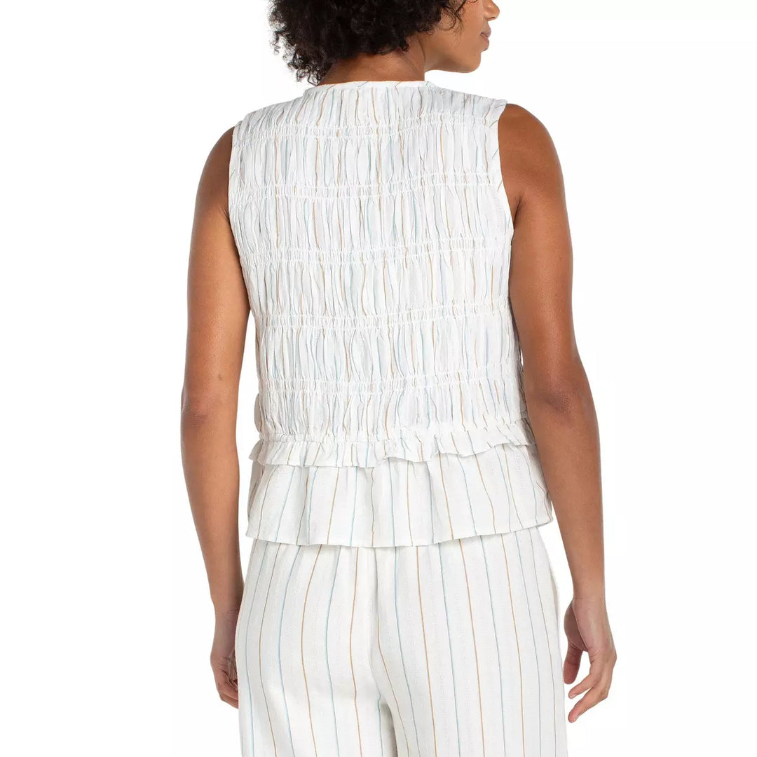 Sleeveless Tie Front Woven Top w/ Smocking