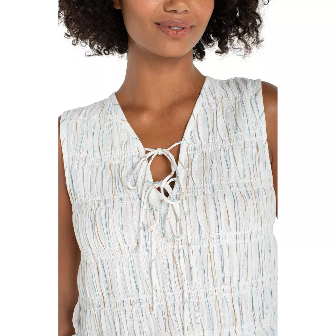 Sleeveless Tie Front Woven Top w/ Smocking