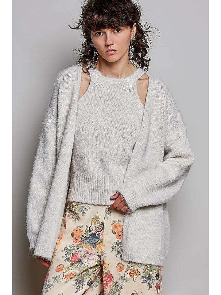 Soft Ribbed Relaxed Layering Knit Cardigan Top Set