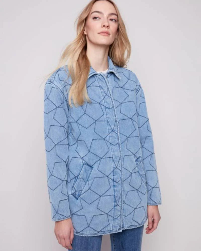 Star Quilted Denim Jacket with Welt Pockets
