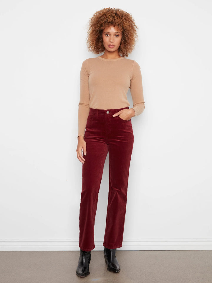Straight Leg Corduroy Pants With Elastic Inside Waist - Merlot