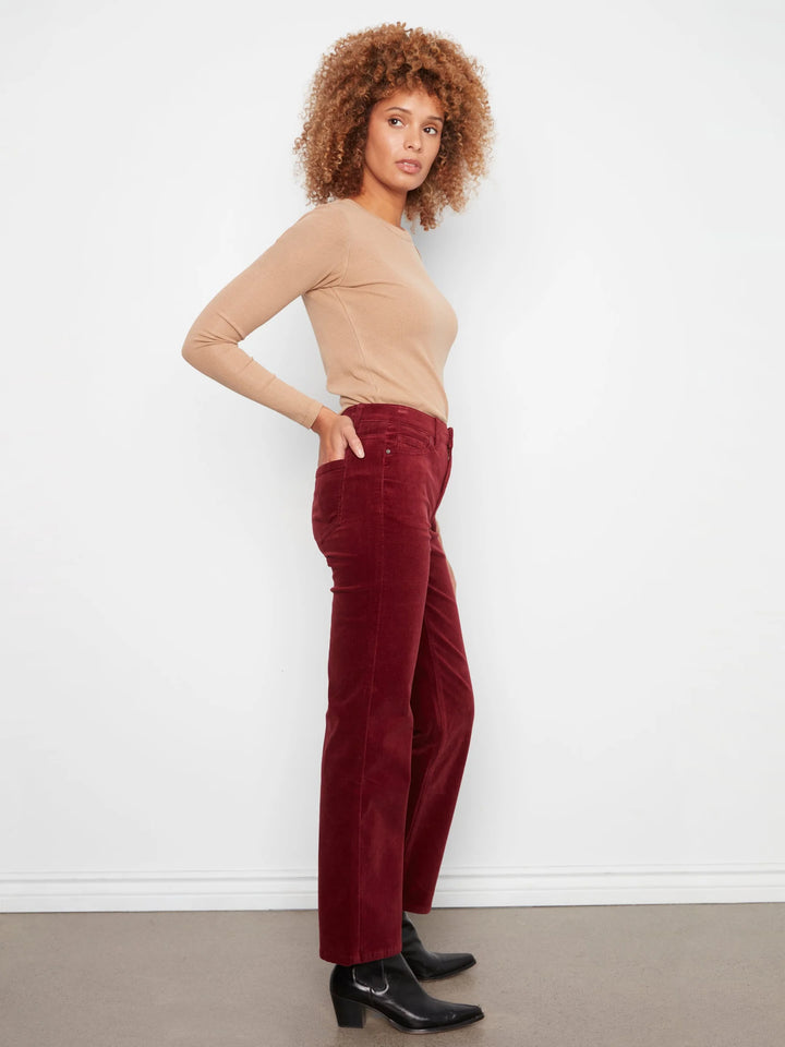 Straight Leg Corduroy Pants With Elastic Inside Waist - Merlot