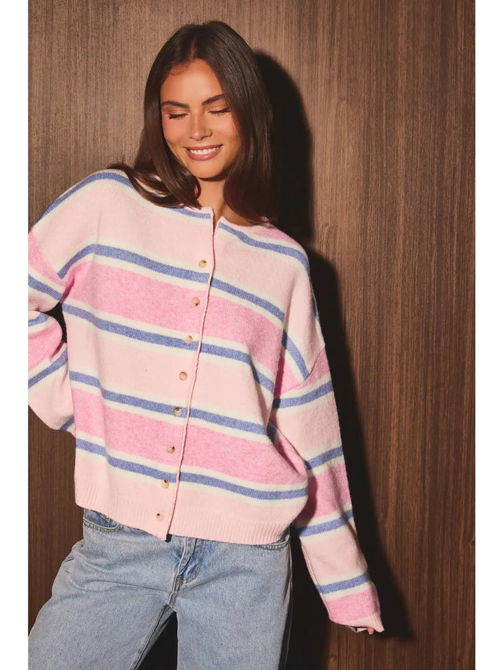 Long Sleeve Round Neck Striped Soft Cardigan