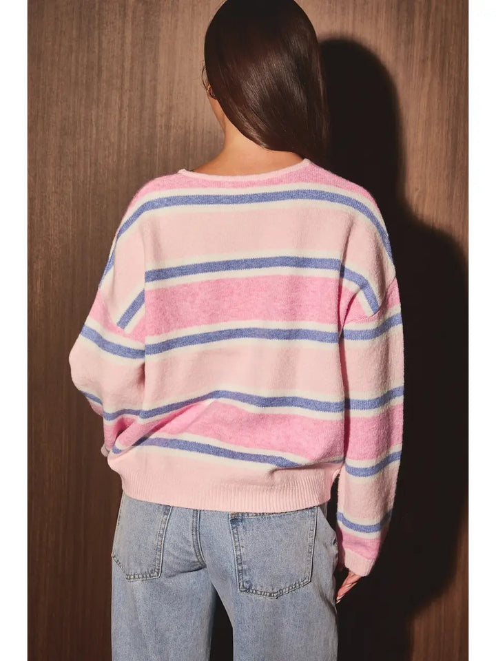 Long Sleeve Round Neck Striped Soft Cardigan