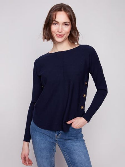 Boat Neck Sweater With Side Buttons Detail
