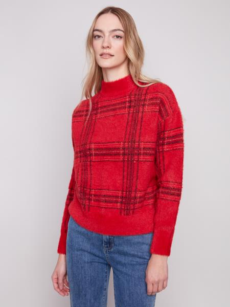 Eyelash Plaid Mock Neck Sweater