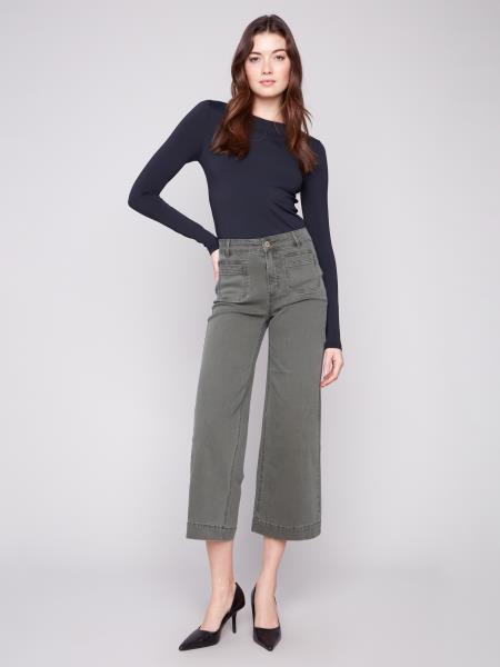 Cropped Patch Pocket Flare Colored Twill Pants