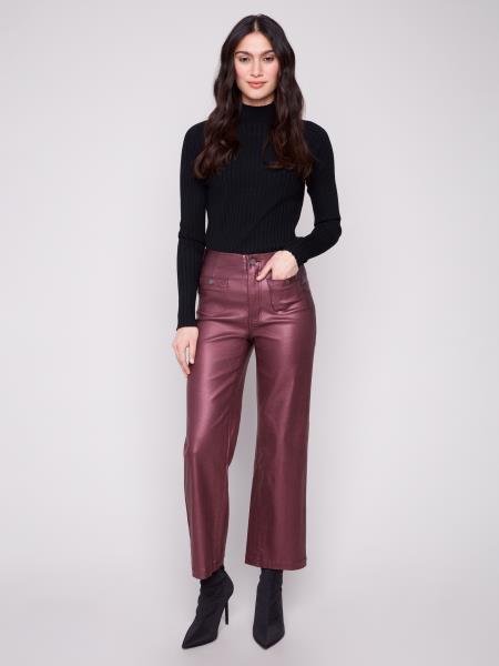 Metallic Wax Twill Flare Leg Pants with Front Welt Pockets