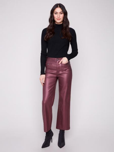 Metallic Wax Twill Flare Leg Pants with Front Welt Pockets