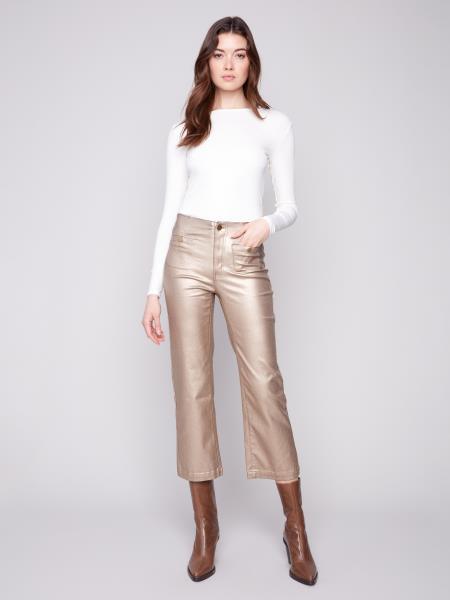 Metallic Wax Twill Flare Leg Pants with Front Welt Pockets