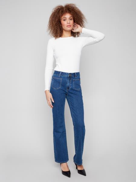 Flare Leg Stretch Denim Pants With Patch Pockets And Special Rivets