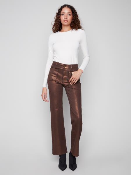 Flare Leg Foil Twill Pants with Patch Pockets and Special Rivets