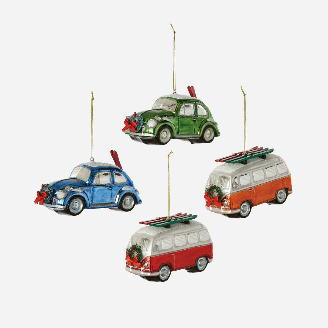 Bug and Bus with Skis Ornament - 4 Assorted