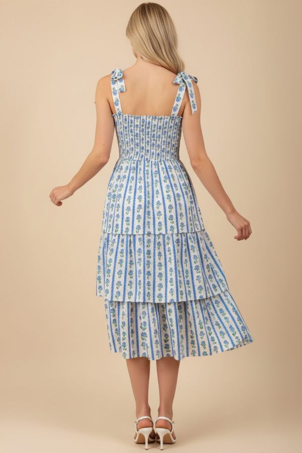 Striped Floral Smocked Midi Dress