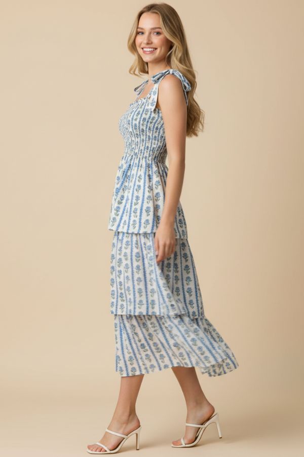 Striped Floral Smocked Midi Dress