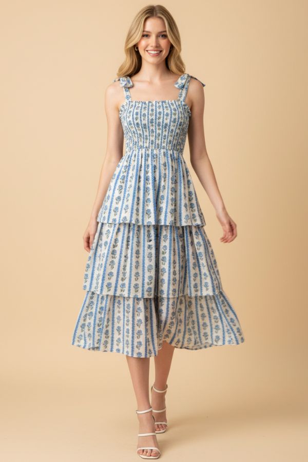 Striped Floral Smocked Midi Dress