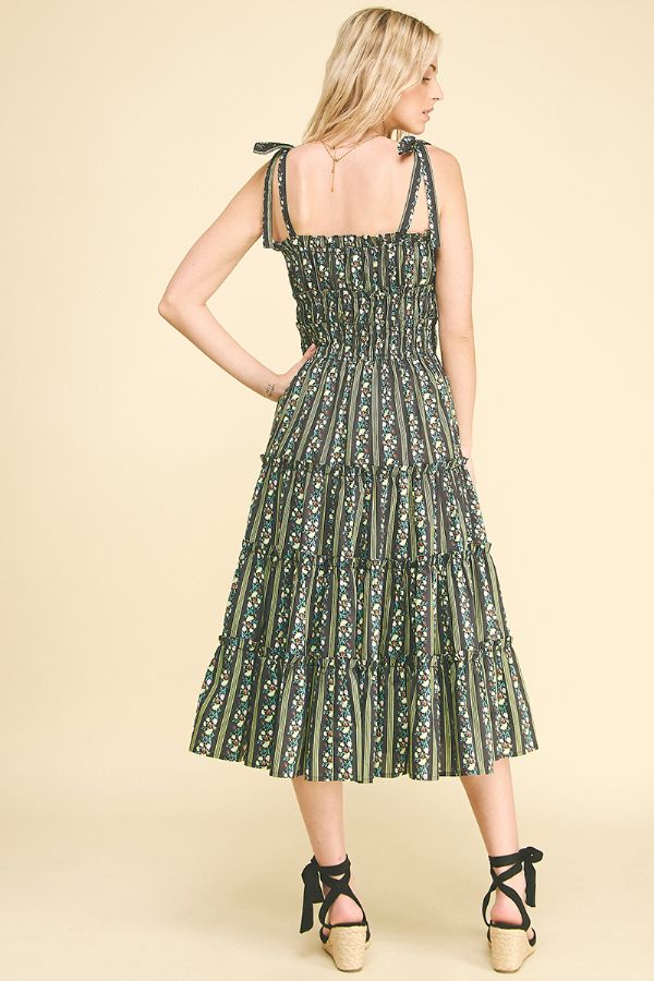 Floral Tiered Midi Dress in Black