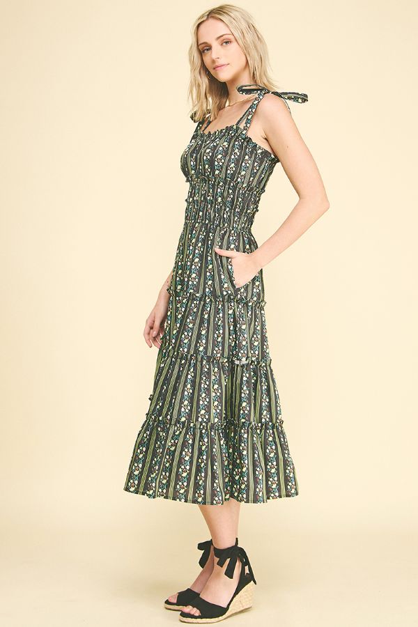 Floral Tiered Midi Dress in Black