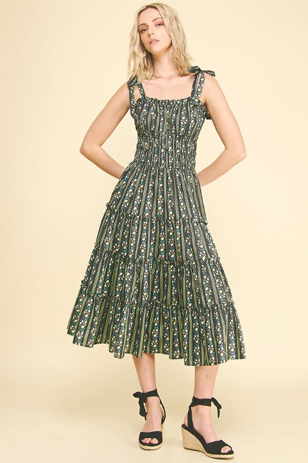 Floral Tiered Midi Dress in Black