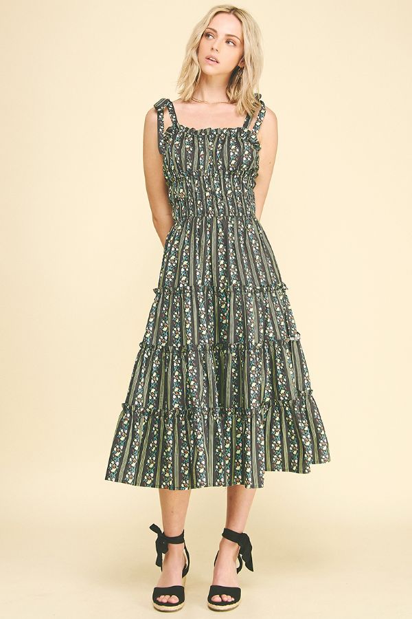 Floral Tiered Midi Dress in Black