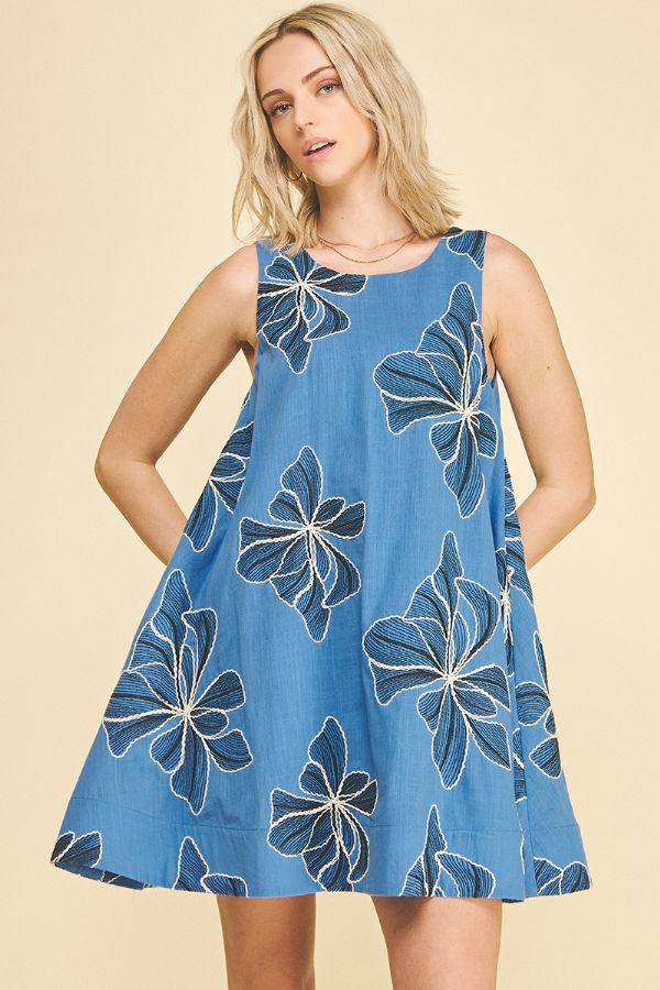 Floral Embroidered A-Line Mini Dress in Blue