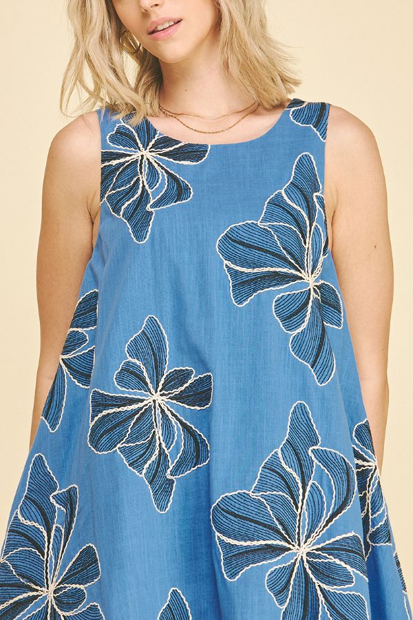 Floral Embroidered A-Line Mini Dress in Blue
