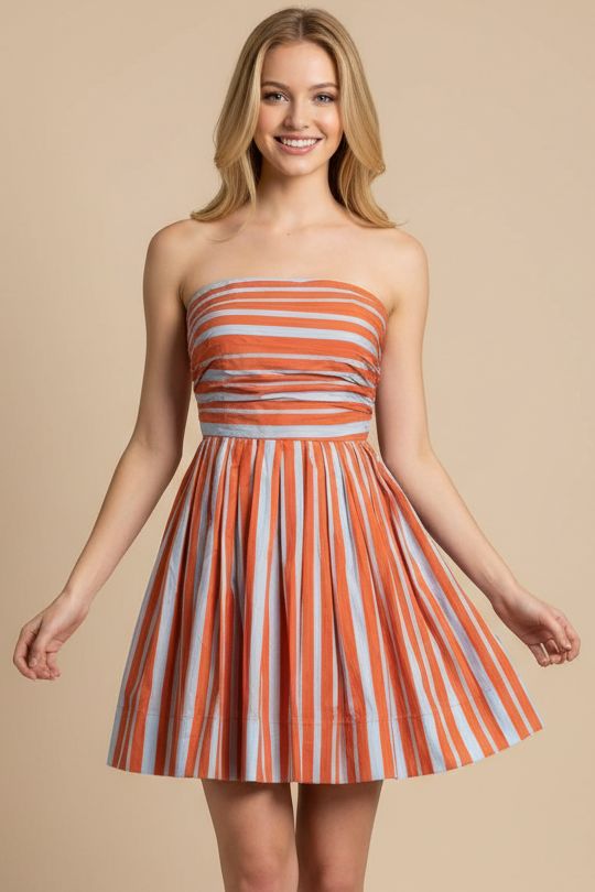 Striped Strapless Flare Mini Dress