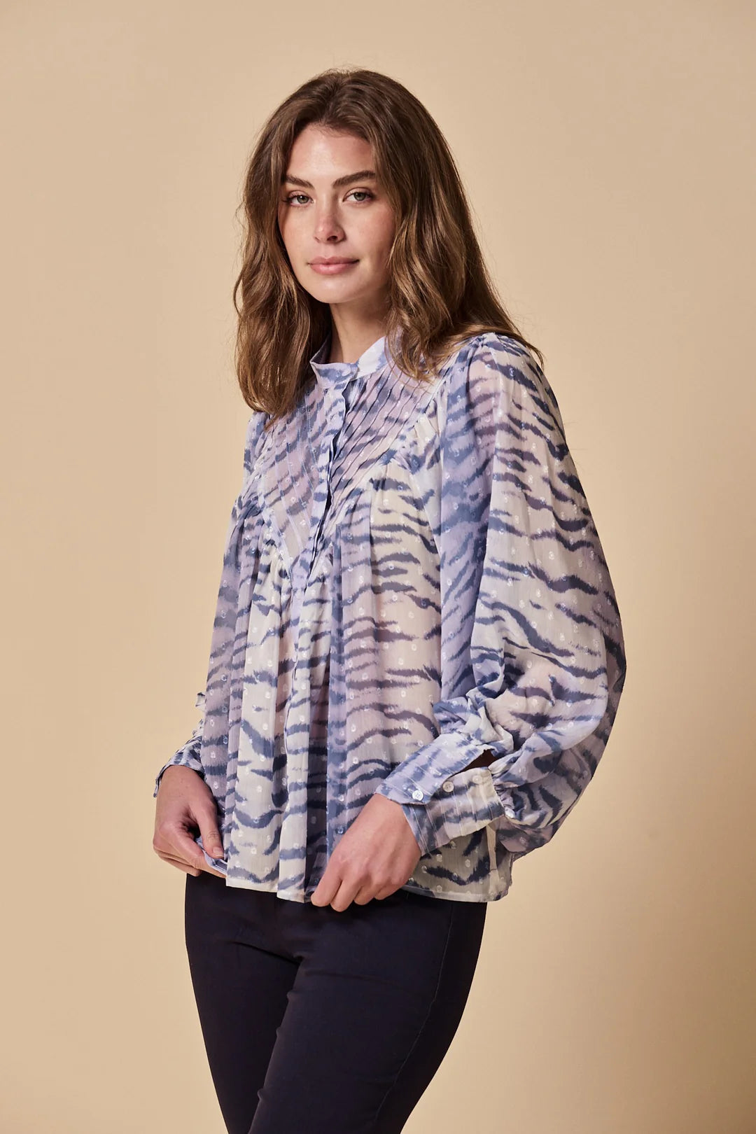 The Shiv Ruffled Shirt in Navy Print