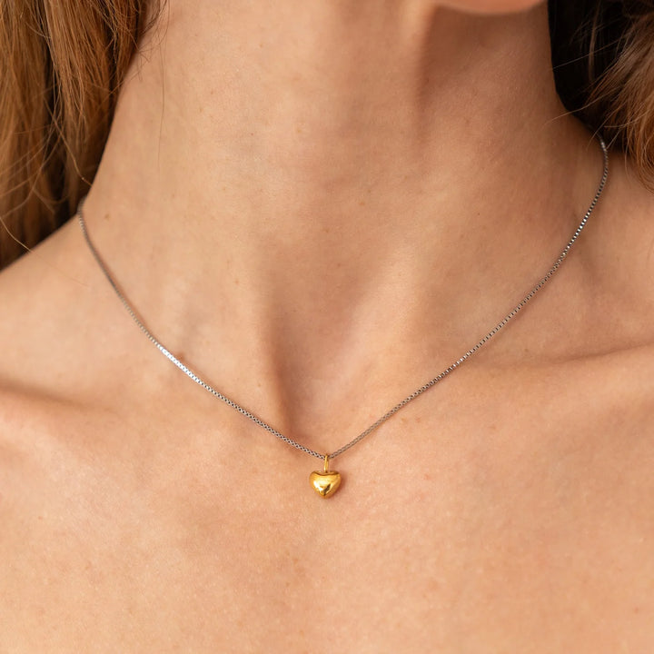 Waterproof Dainty Two-Tone Puffy Heart Necklace