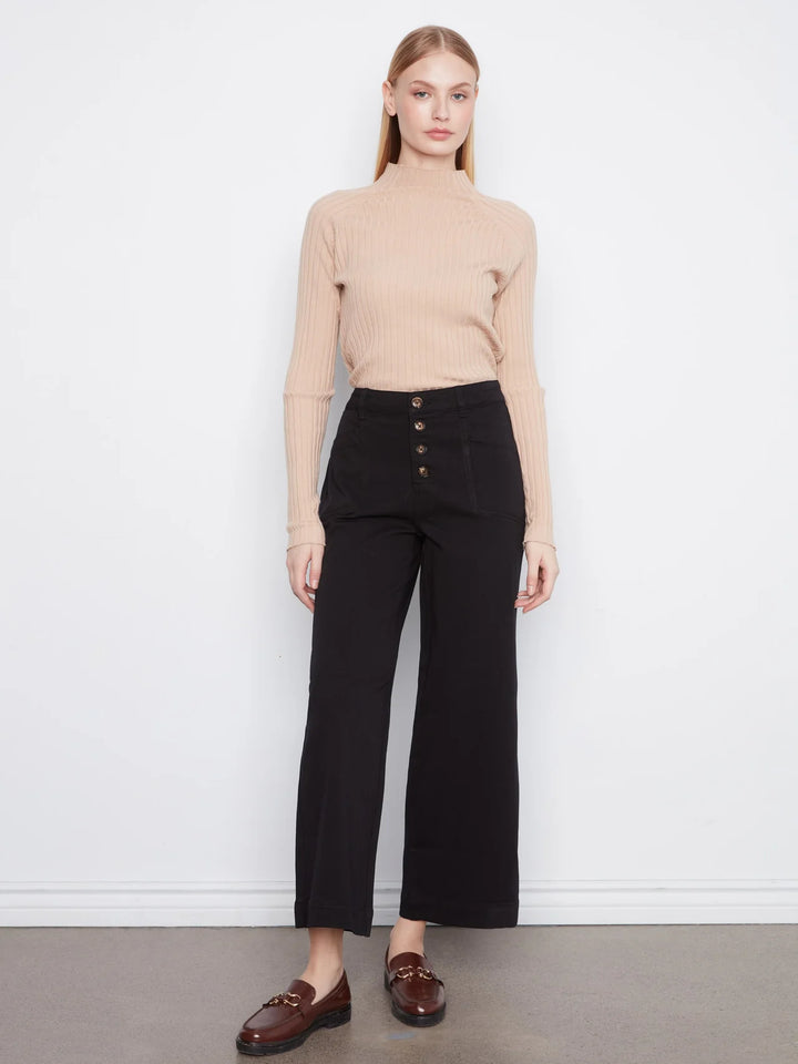 Wide Leg Button Front Smooth Twill Pants With Patch Pockets - Black
