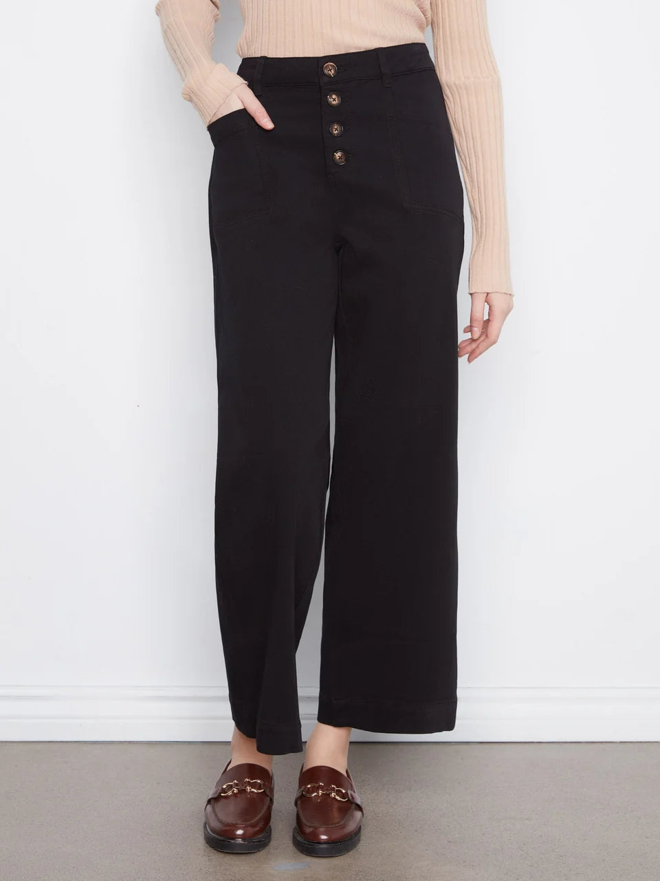 Wide Leg Button Front Smooth Twill Pants With Patch Pockets - Black