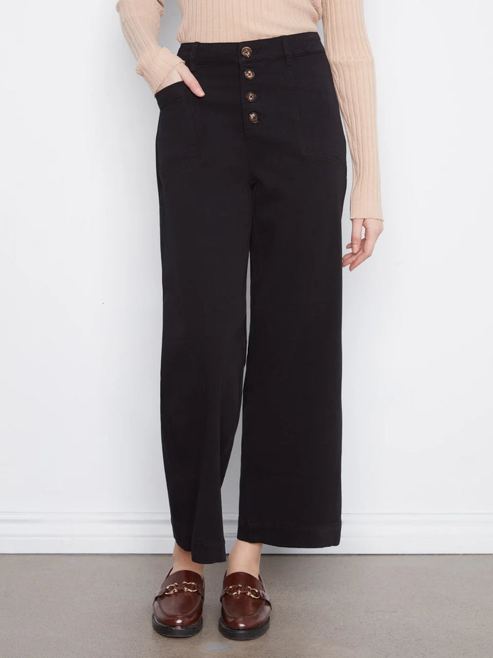 Wide Leg Button Front Smooth Twill Pants With Patch Pockets - Black