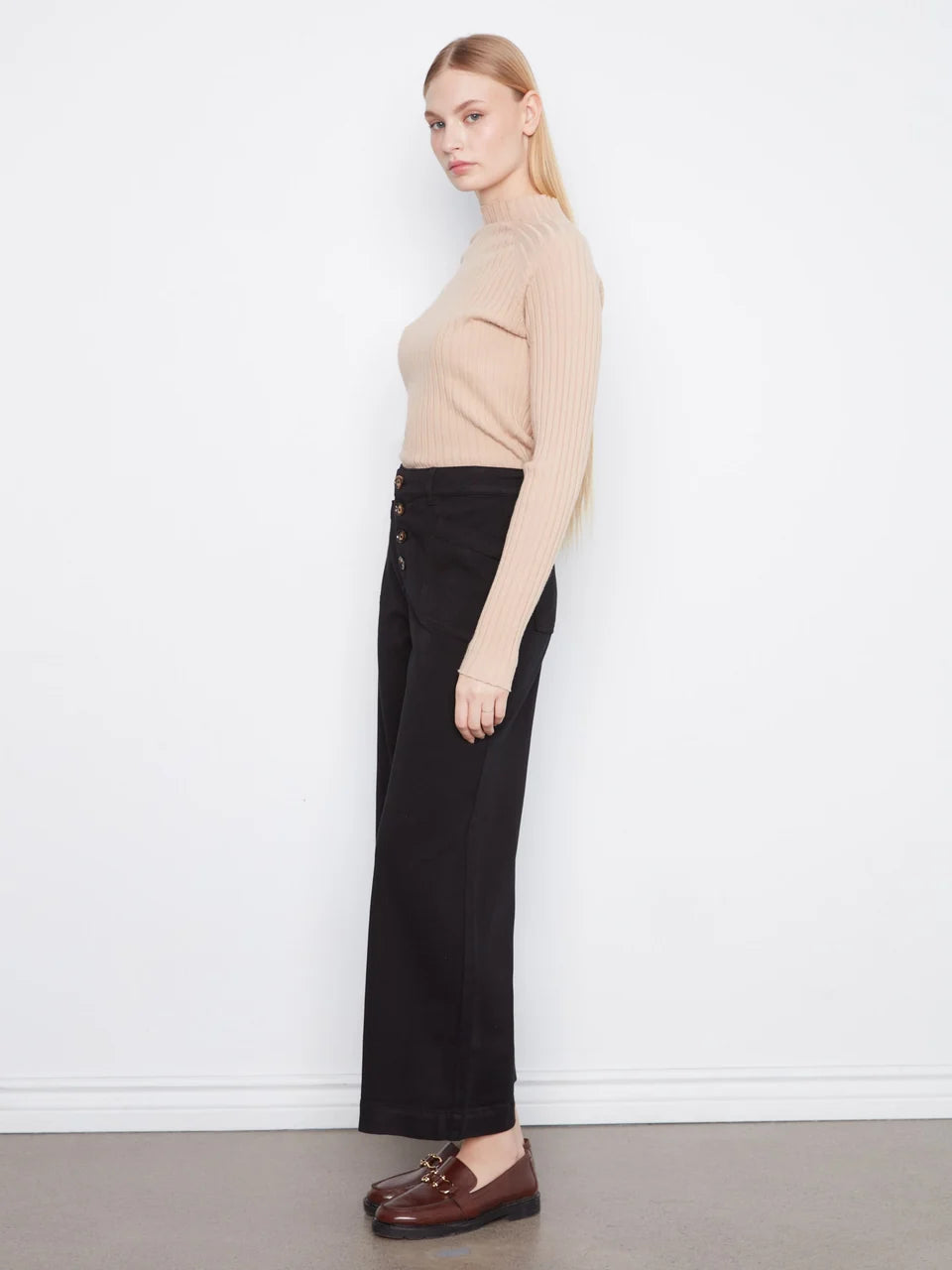 Wide Leg Button Front Smooth Twill Pants With Patch Pockets - Black