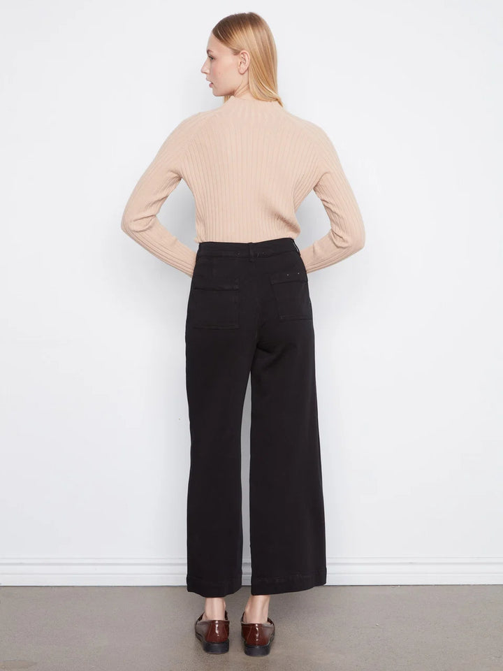 Wide Leg Button Front Smooth Twill Pants With Patch Pockets - Black