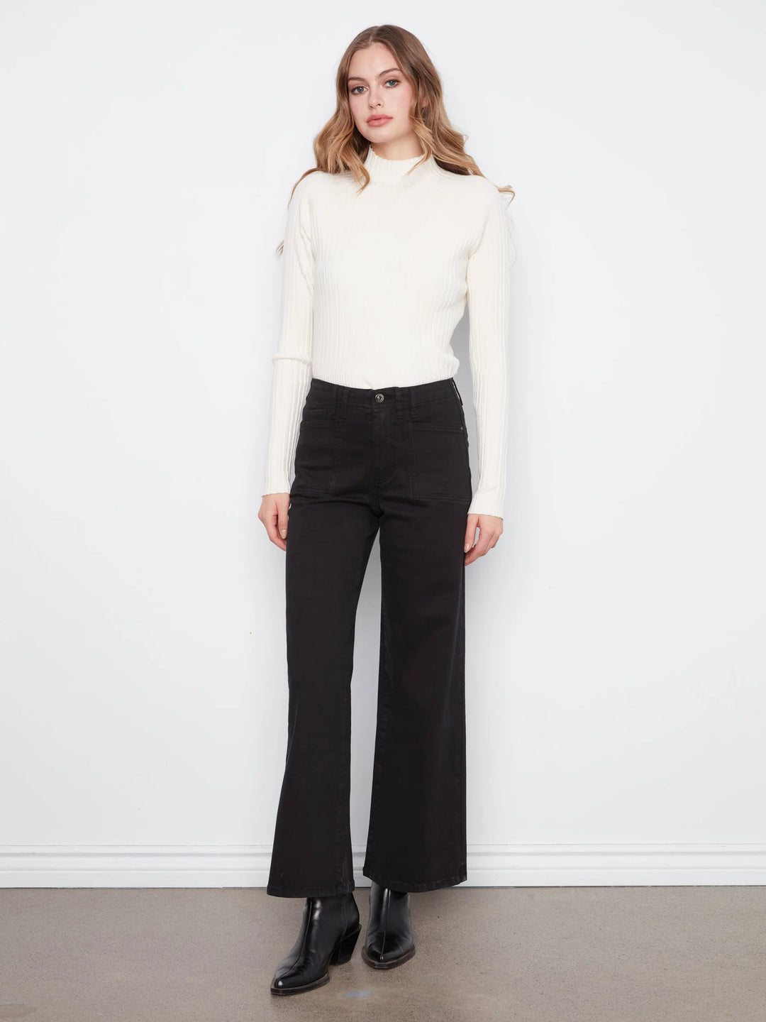 Wide Leg Colored Twill Pants With Patch Pockets