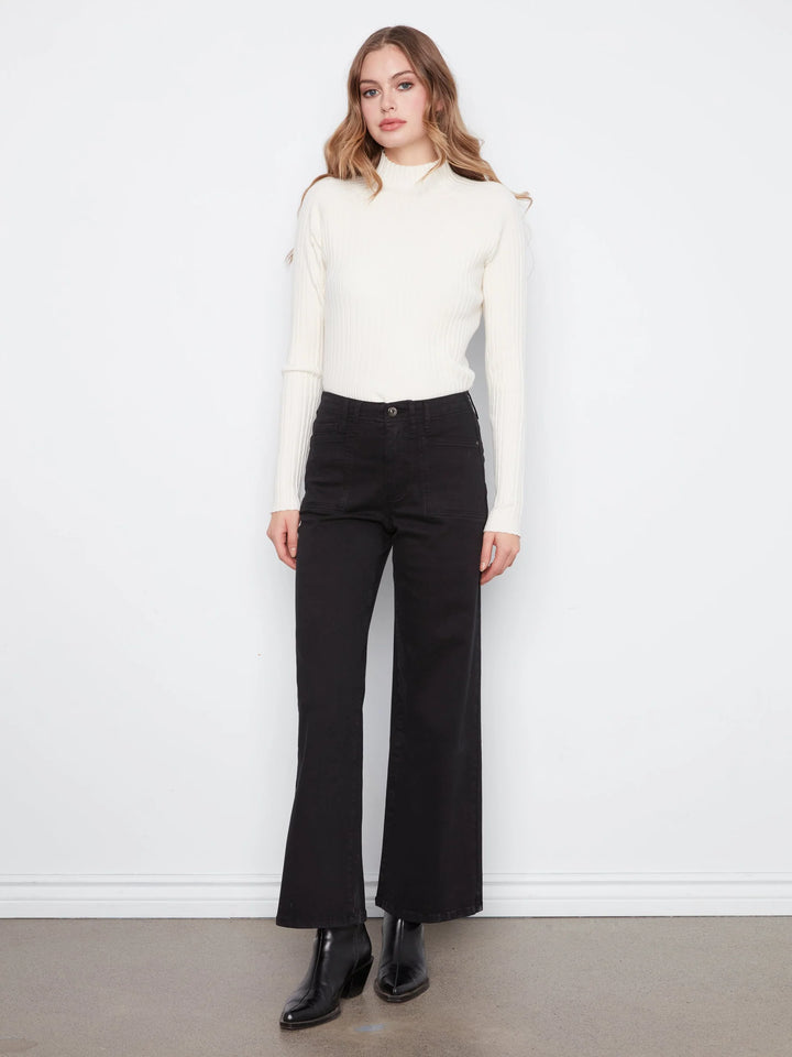 Wide Leg Colored Twill Pants With Patch Pockets
