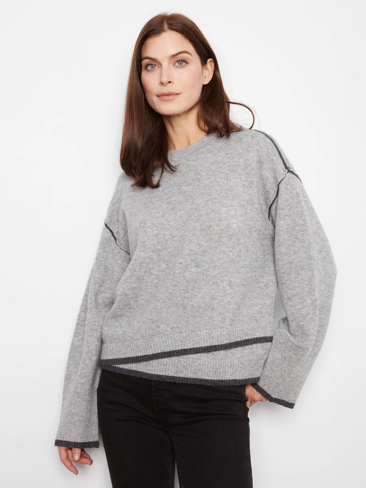 Wide Long Sleeve Drop Shoulder Crew Neck Sweater With Asymmetric Hem Detail &amp; Contrast Tipping