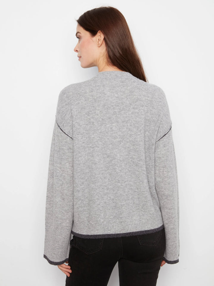 Wide Long Sleeve Drop Shoulder Crew Neck Sweater With Asymmetric Hem Detail &amp; Contrast Tipping