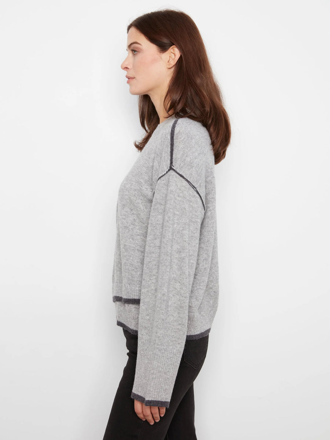 Wide Long Sleeve Drop Shoulder Crew Neck Sweater With Asymmetric Hem Detail &amp; Contrast Tipping