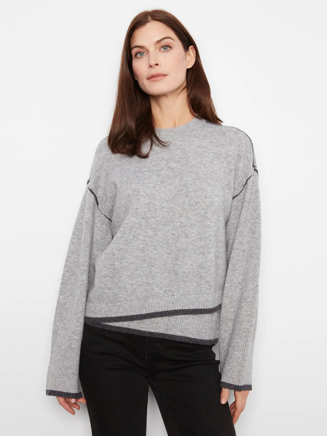 Wide Long Sleeve Drop Shoulder Crew Neck Sweater With Asymmetric Hem Detail &amp; Contrast Tipping