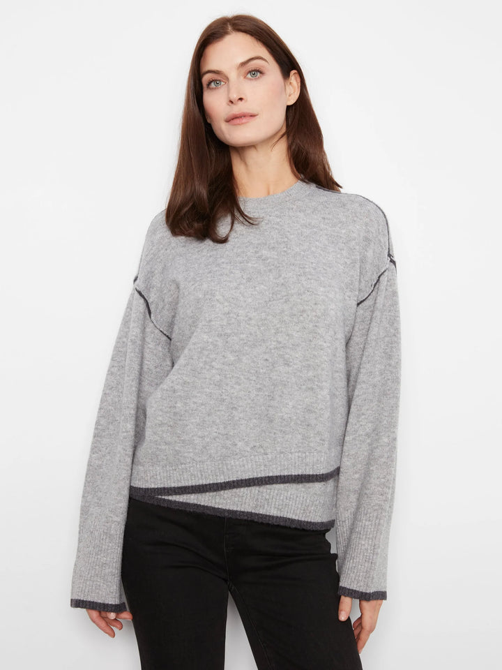 Wide Long Sleeve Drop Shoulder Crew Neck Sweater With Asymmetric Hem Detail &amp; Contrast Tipping