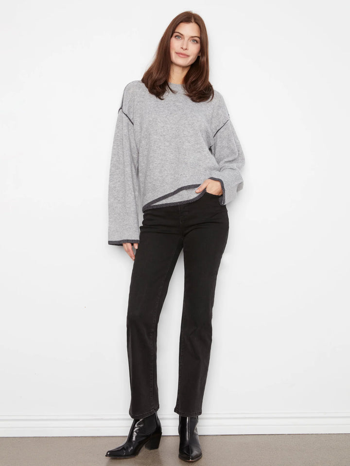 Wide Long Sleeve Drop Shoulder Crew Neck Sweater With Asymmetric Hem Detail &amp; Contrast Tipping