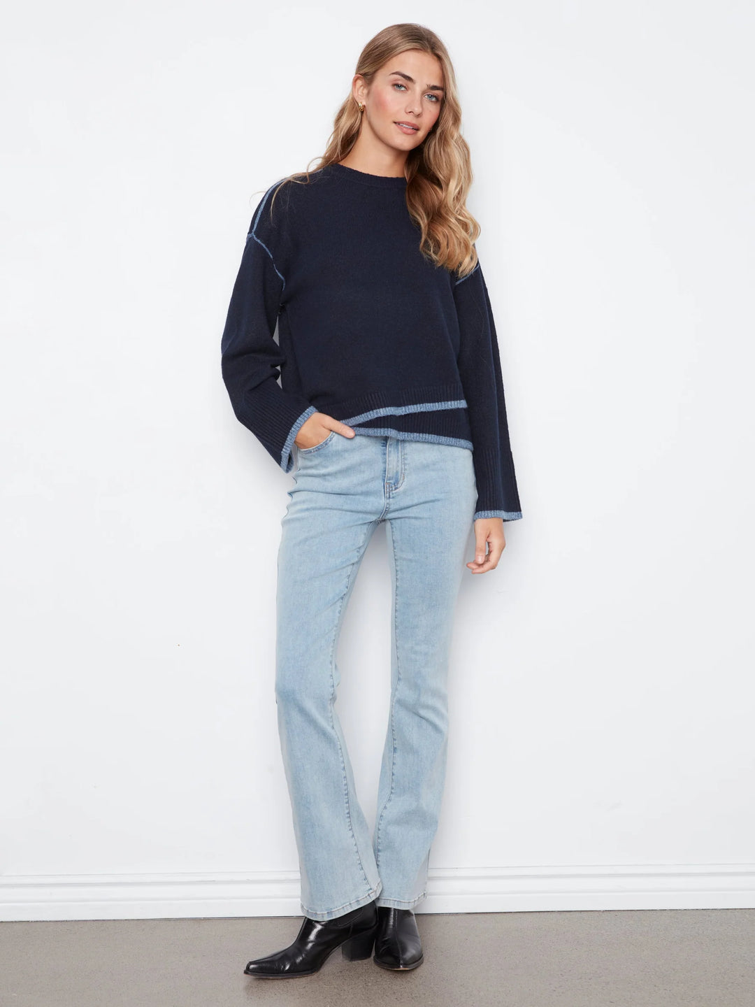 Wide Long Sleeve Drop Shoulder Crew Neck Sweater With Hem