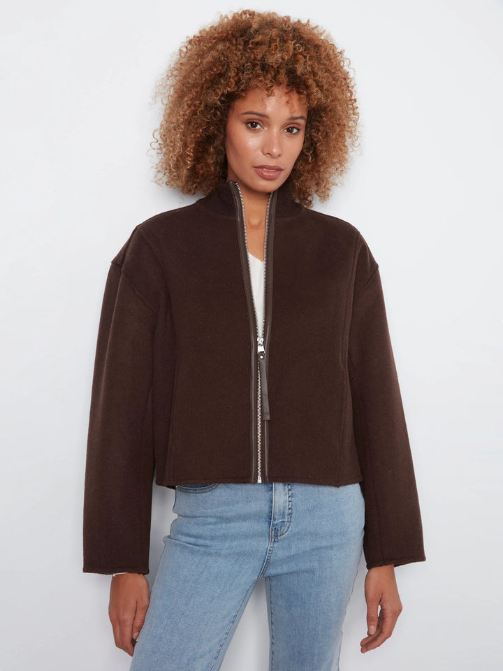 Wool Bomber Jacket with Zipper at Front - Coffee