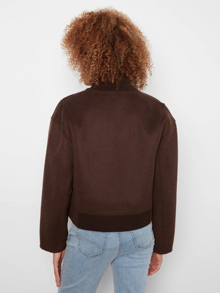 Wool Bomber Jacket with Zipper at Front - Coffee